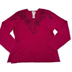 Napa Valley Womens Hot Pink Sweater W/ Black Beaded Floral Design Acrylic L